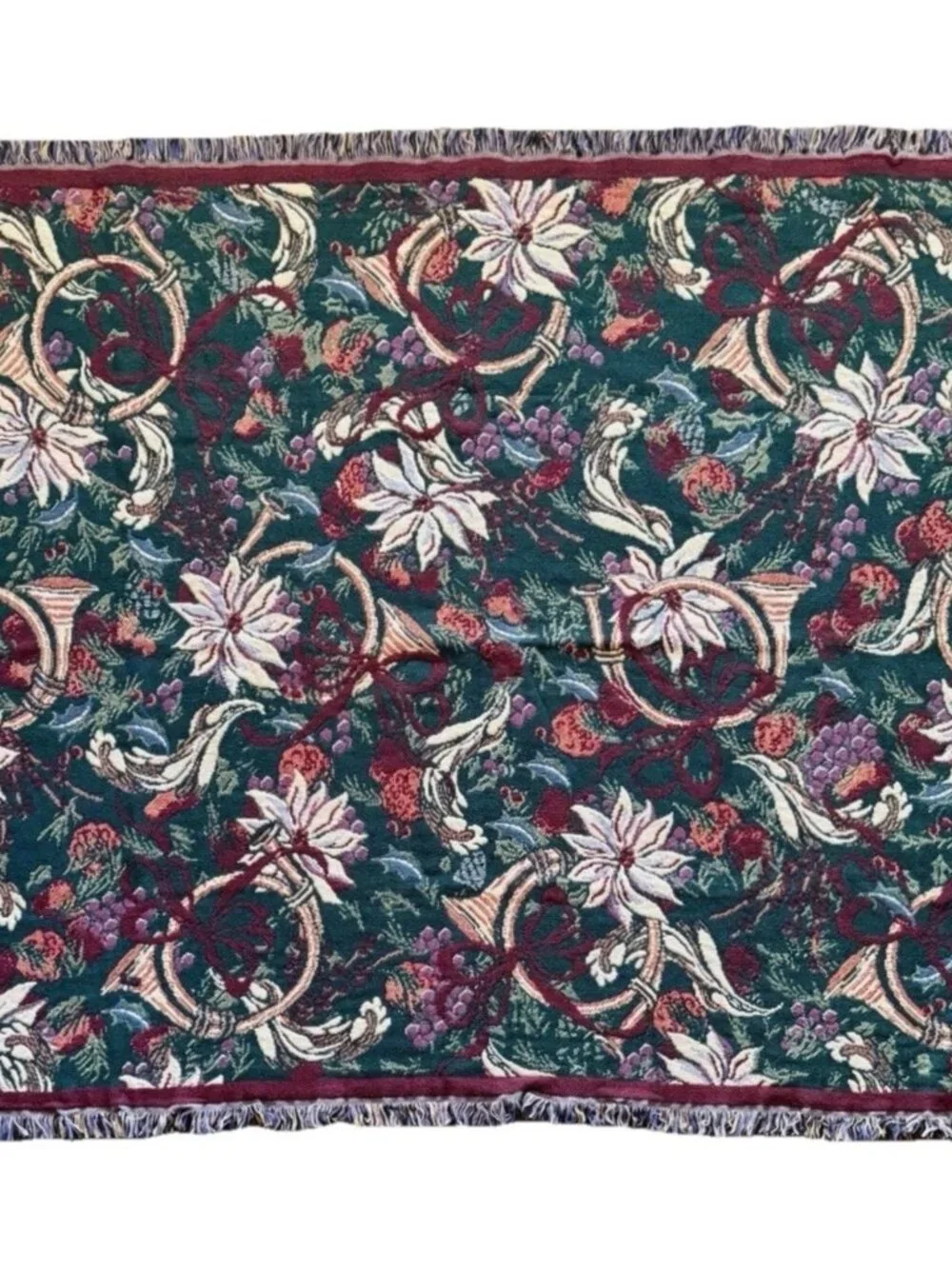 Goodwin Weavers Holiday Poinsettia Horns Throw Blanket Tapestry Green Red 45x62”